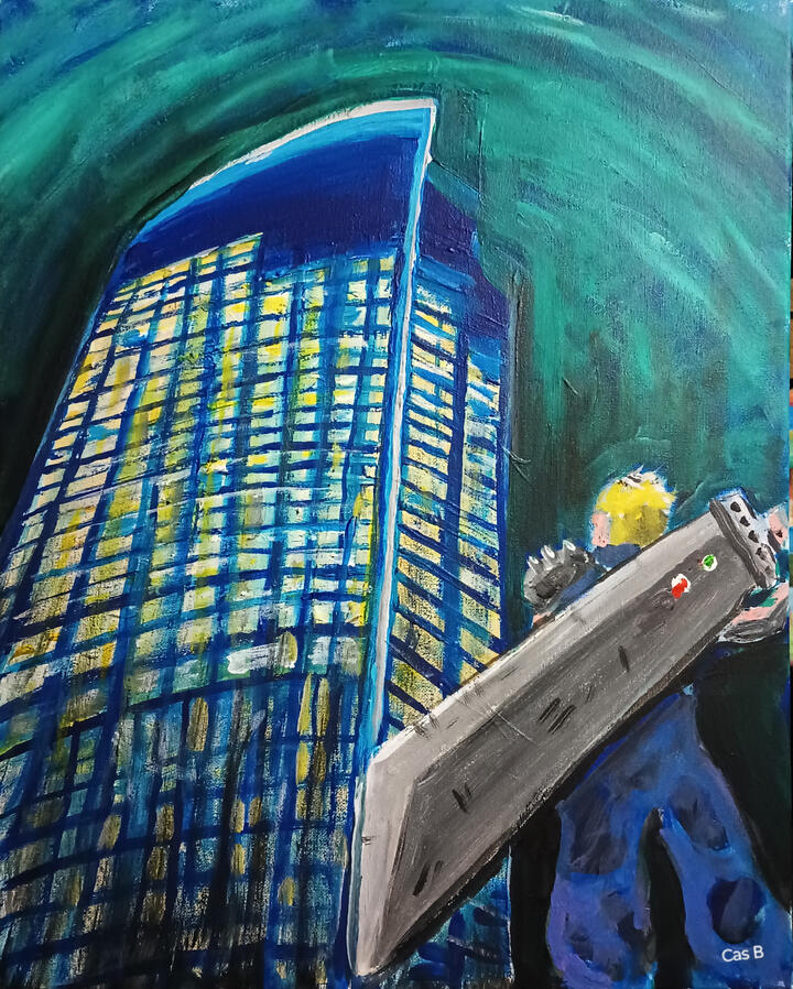 FFVII: RVA, Cloud vs Dominion Energy, 16"x20" acrylics on canvas