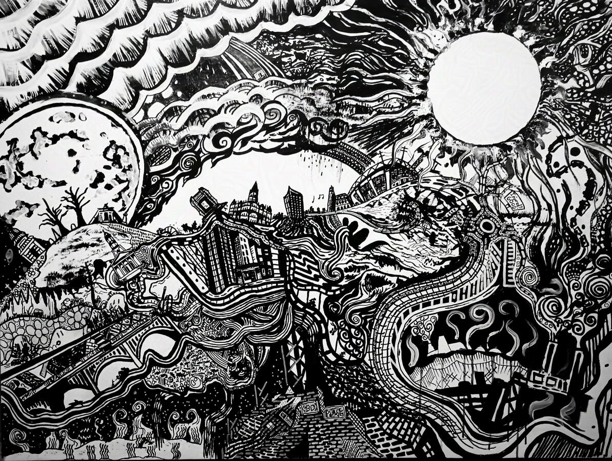 RVAGrays, 4x3 foot acrylics and ink on wood